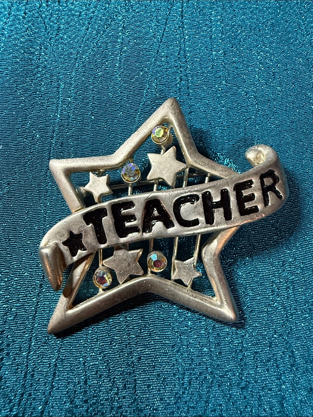 Silver 'Teacher' Star Pin Brooch with Rhinestone Accents